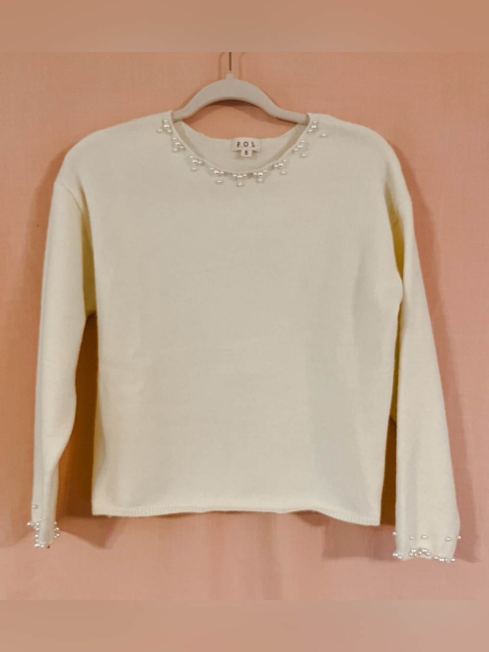 POL Boutique Cream Pearl-Embellished Crewneck Pullover Sweater